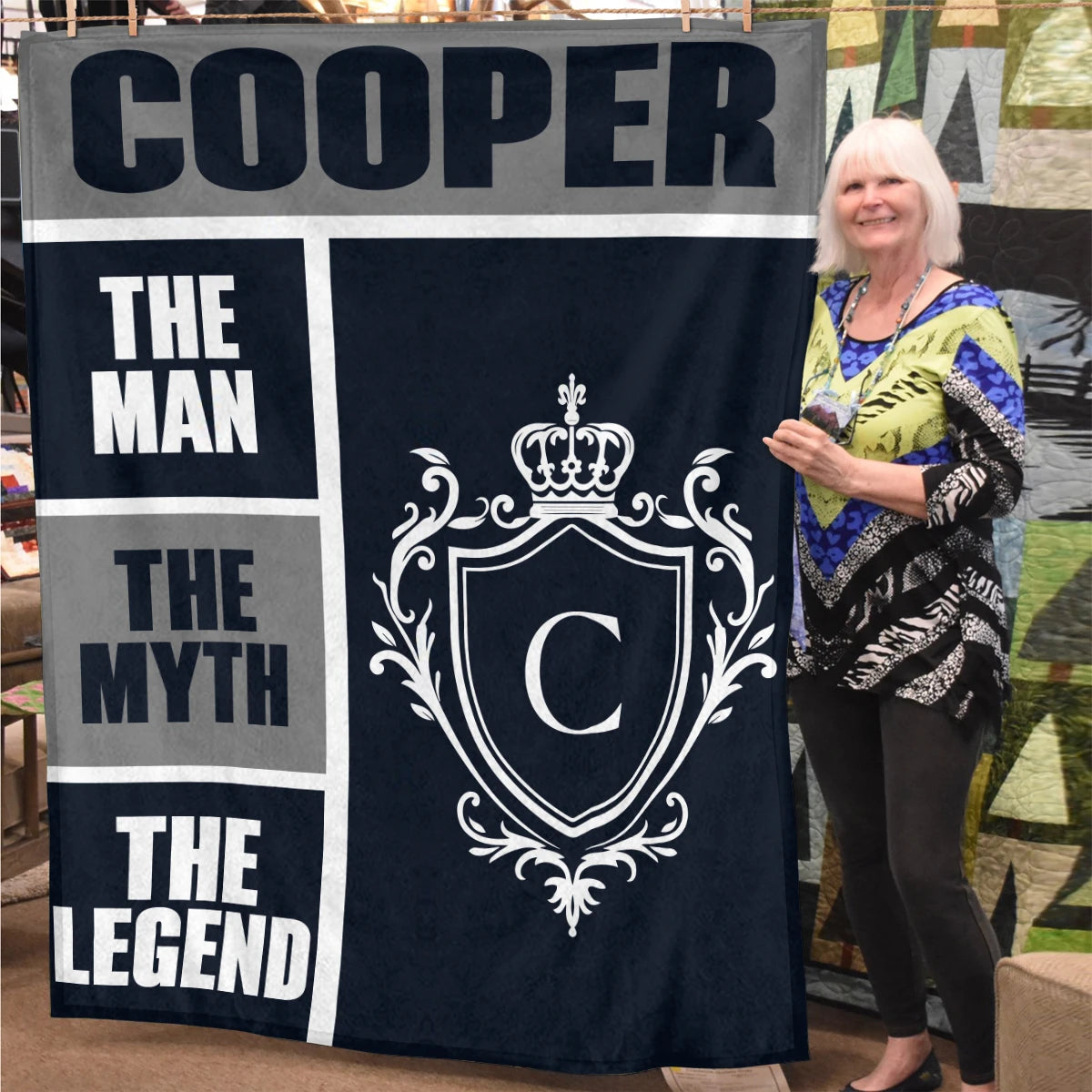The Man The Myth The Legend Navy Gray & Gold Fleece Blanket  COOPER 13K1 BK09