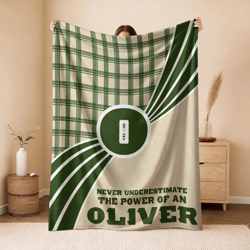 Never Underestimate Your Name Green & Cream Plaid Fleece Blanket OLIVER 13K1 BK50