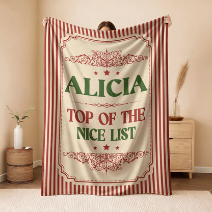 Your Name Nice List Red Striped Christmas Fleece Blanket ALICIA 13K1 BK60