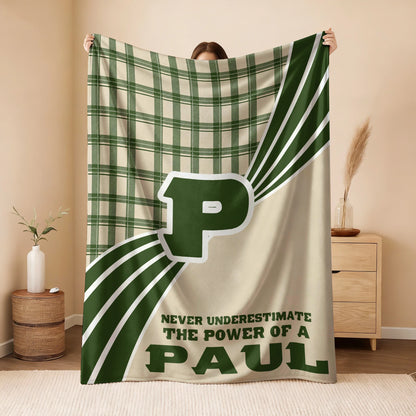 Never Underestimate Your Name Green & Cream Plaid Fleece Blanket PAUL 13K1 BK50
