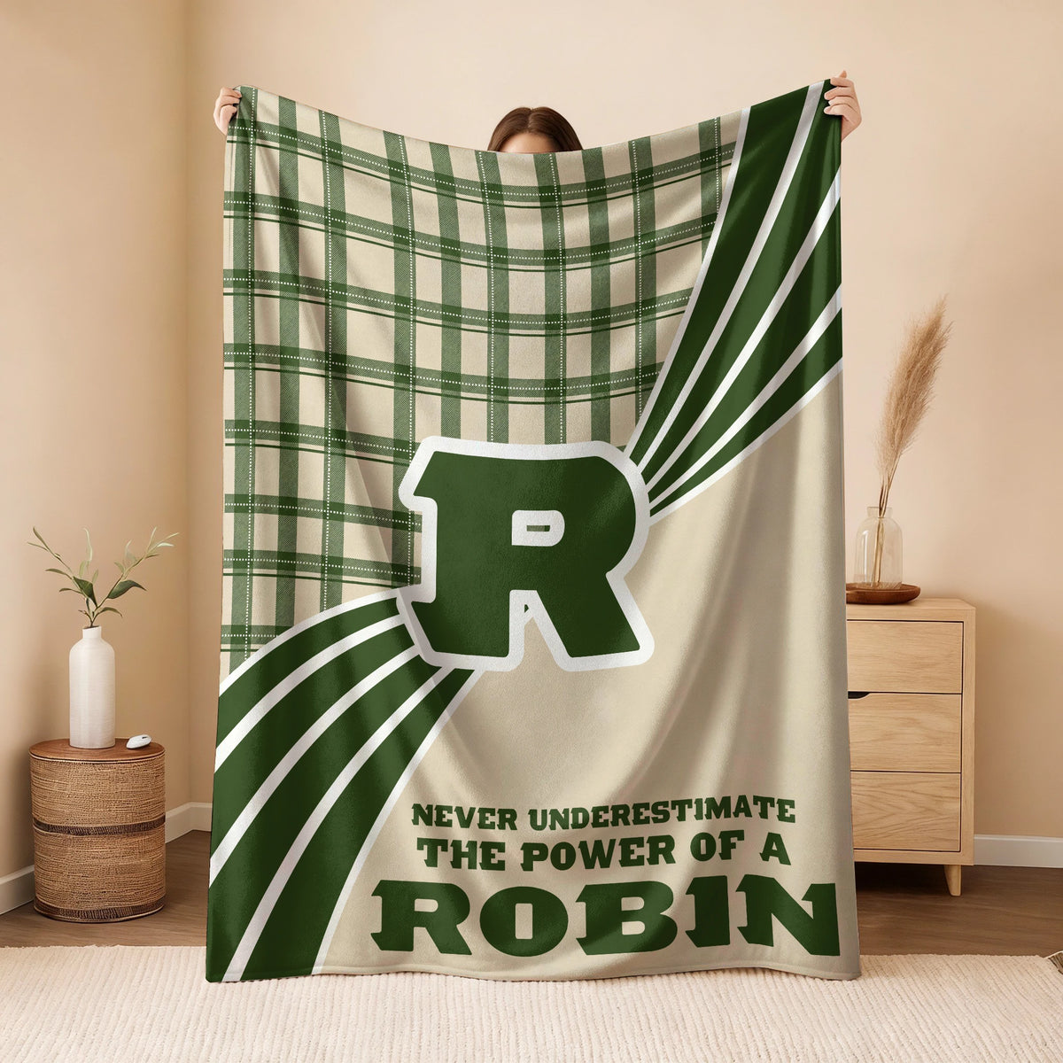 Never Underestimate Your Name Green & Cream Plaid Fleece Blanket ROBIN 13K1 BK50