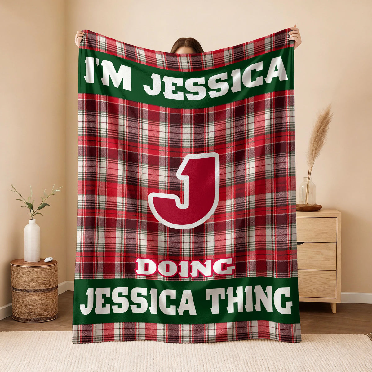 I'm Name Doing Name Things Red Plaid Fleece Blanket JESSICA 13K1 BK49
