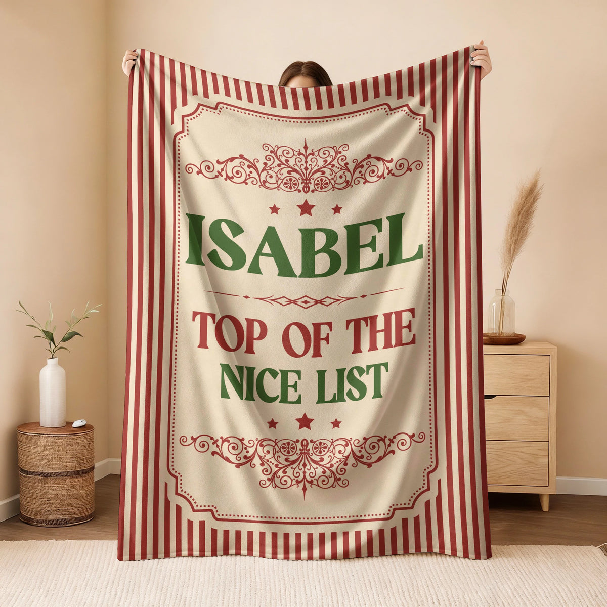 Your Name Nice List Red Striped Christmas Fleece Blanket ISABEL 13K1 BK60
