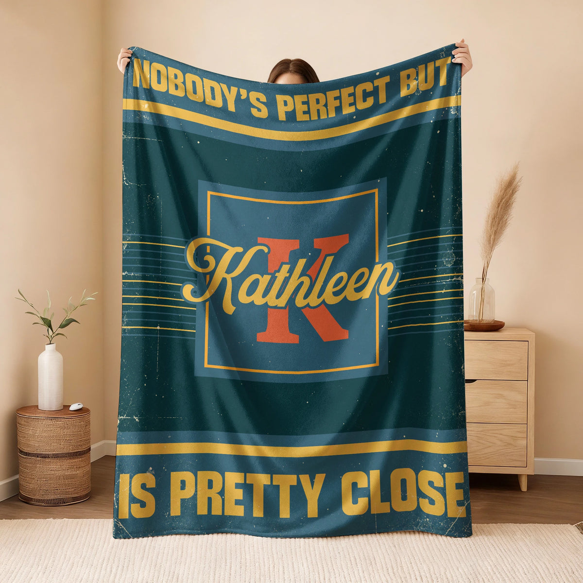 Nobody's Perfect But Your Name Is Close Vintage Blue & Brown Fleece Blanket KATHLEEN 13K1 BK54