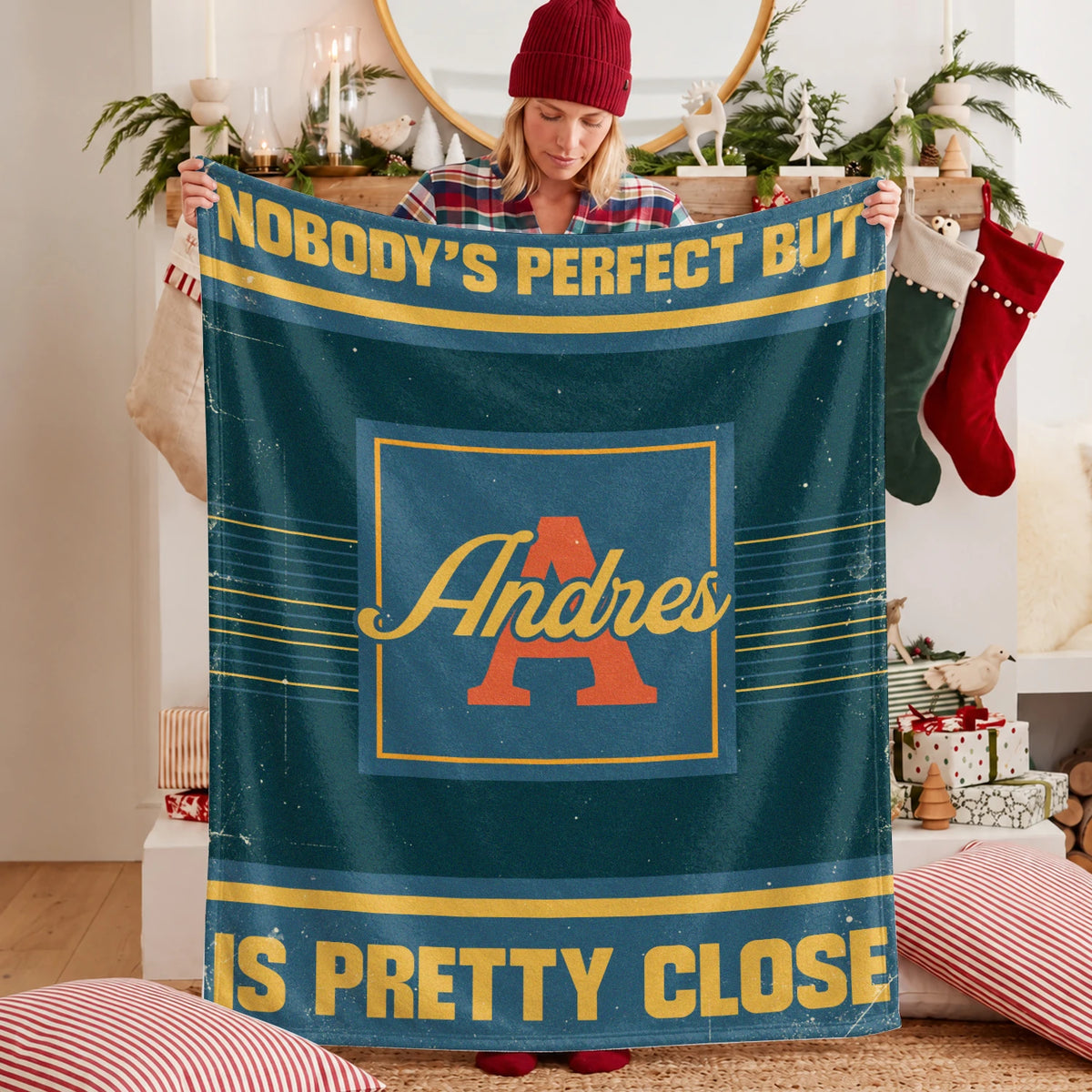 Nobody's Perfect But Your Name Is Close Vintage Blue & Brown Fleece Blanket ANDRES 13K1 BK54
