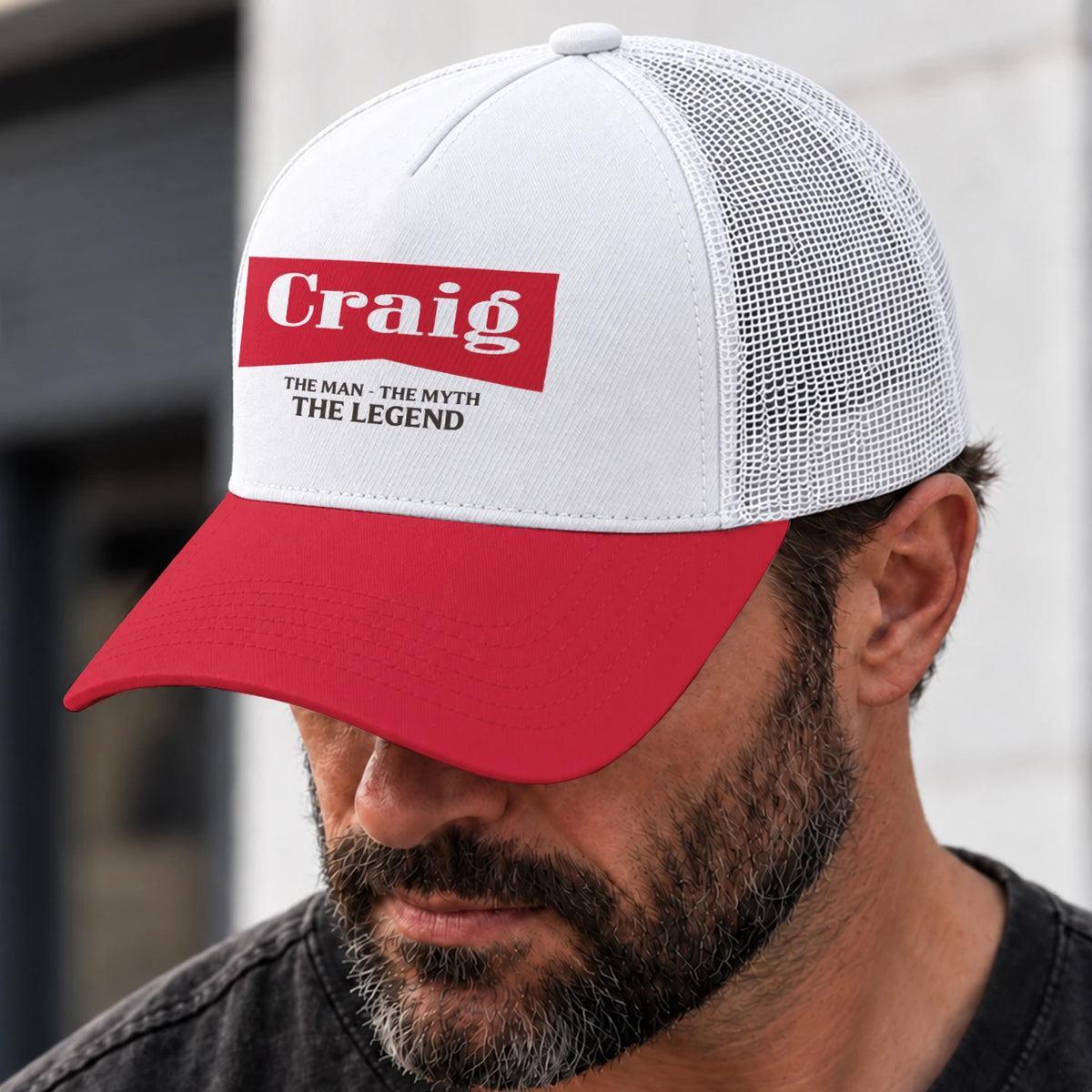 The Man The Myth The Legend Red And White Mesh Cap CRAIG 13K1 C197PF