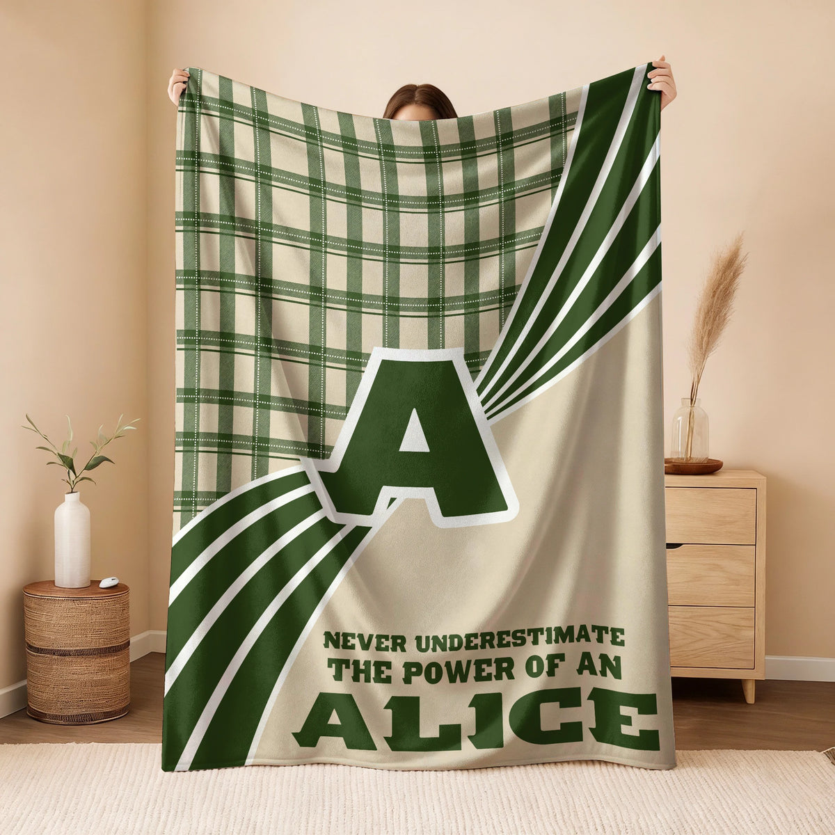 Never Underestimate Your Name Green & Cream Plaid Fleece Blanket ALICE 13K1 BK50