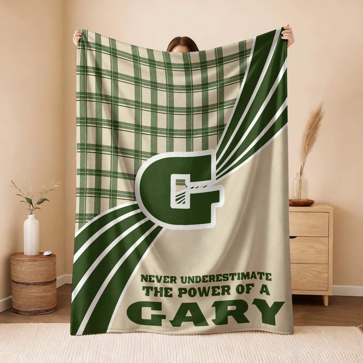 Never Underestimate Your Name Green & Cream Plaid Fleece Blanket GARY 13K1 BK50