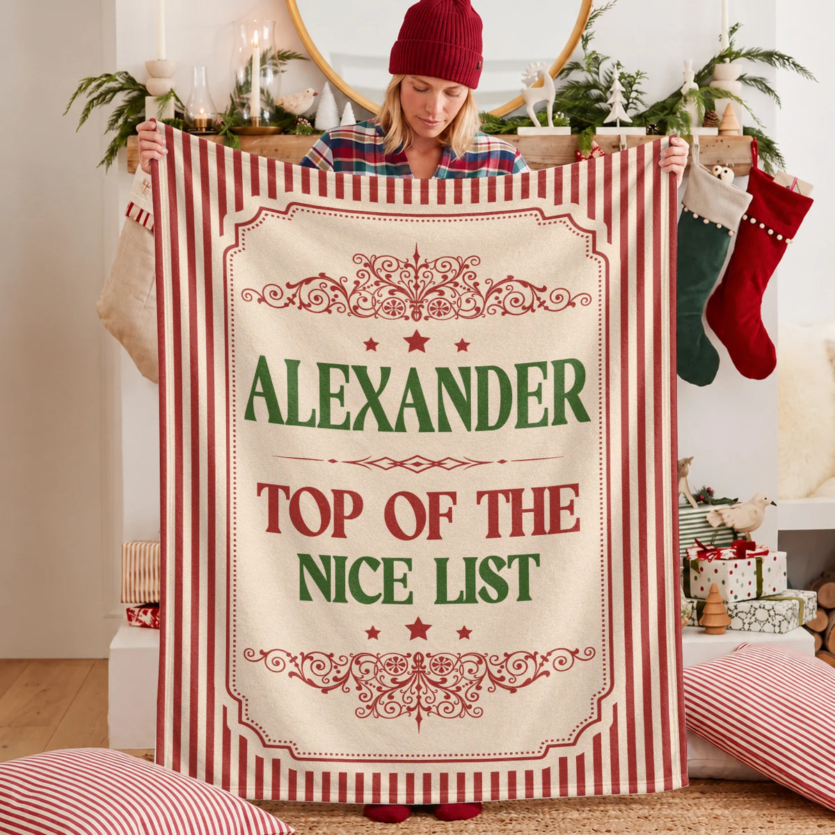 Your Name Nice List Red Striped Christmas Fleece Blanket ALEXANDER 13K1 BK60