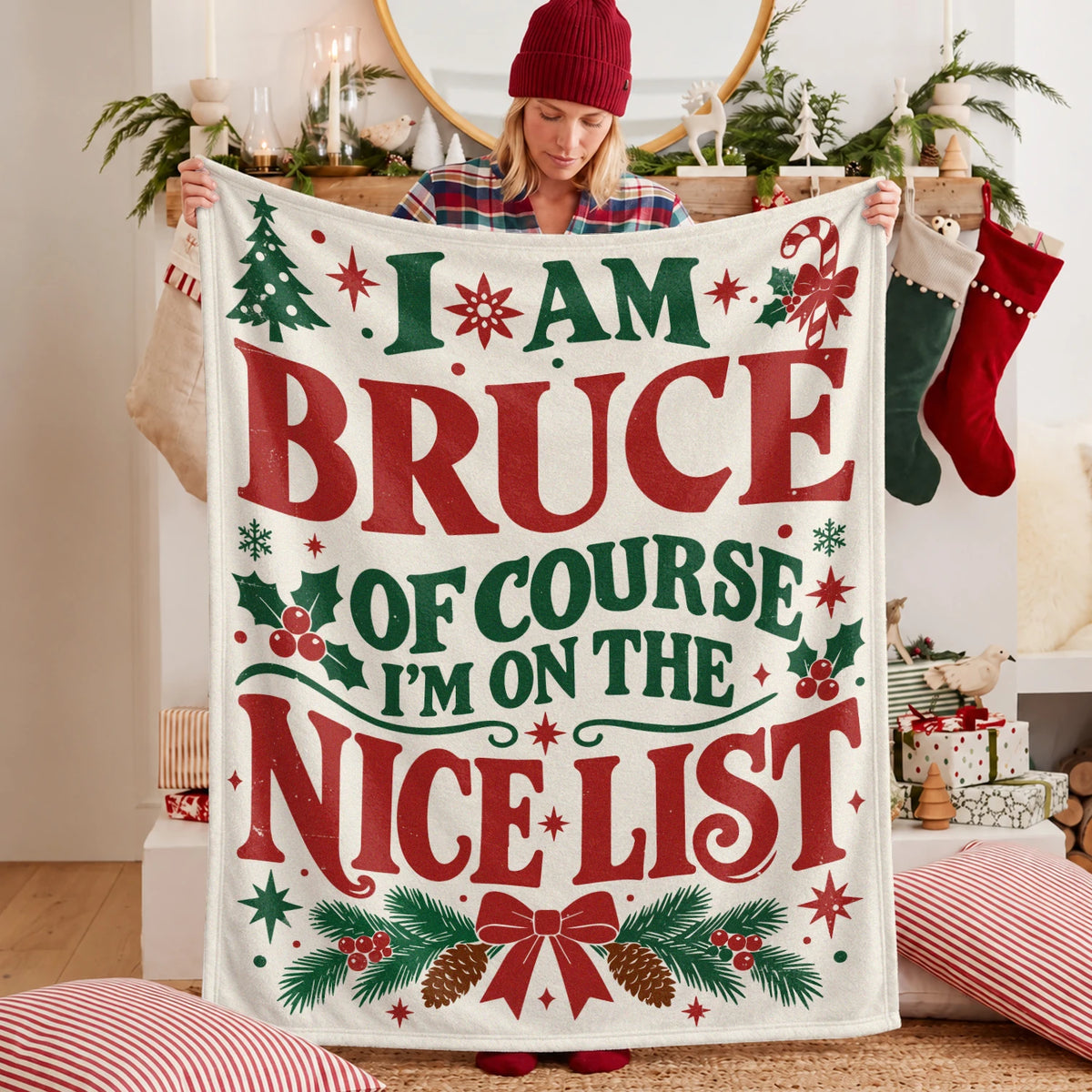 I'm Name Of Course I'm On The Nice List Cream Christmas Fleece Blanket BRUCE 13K1 BK59