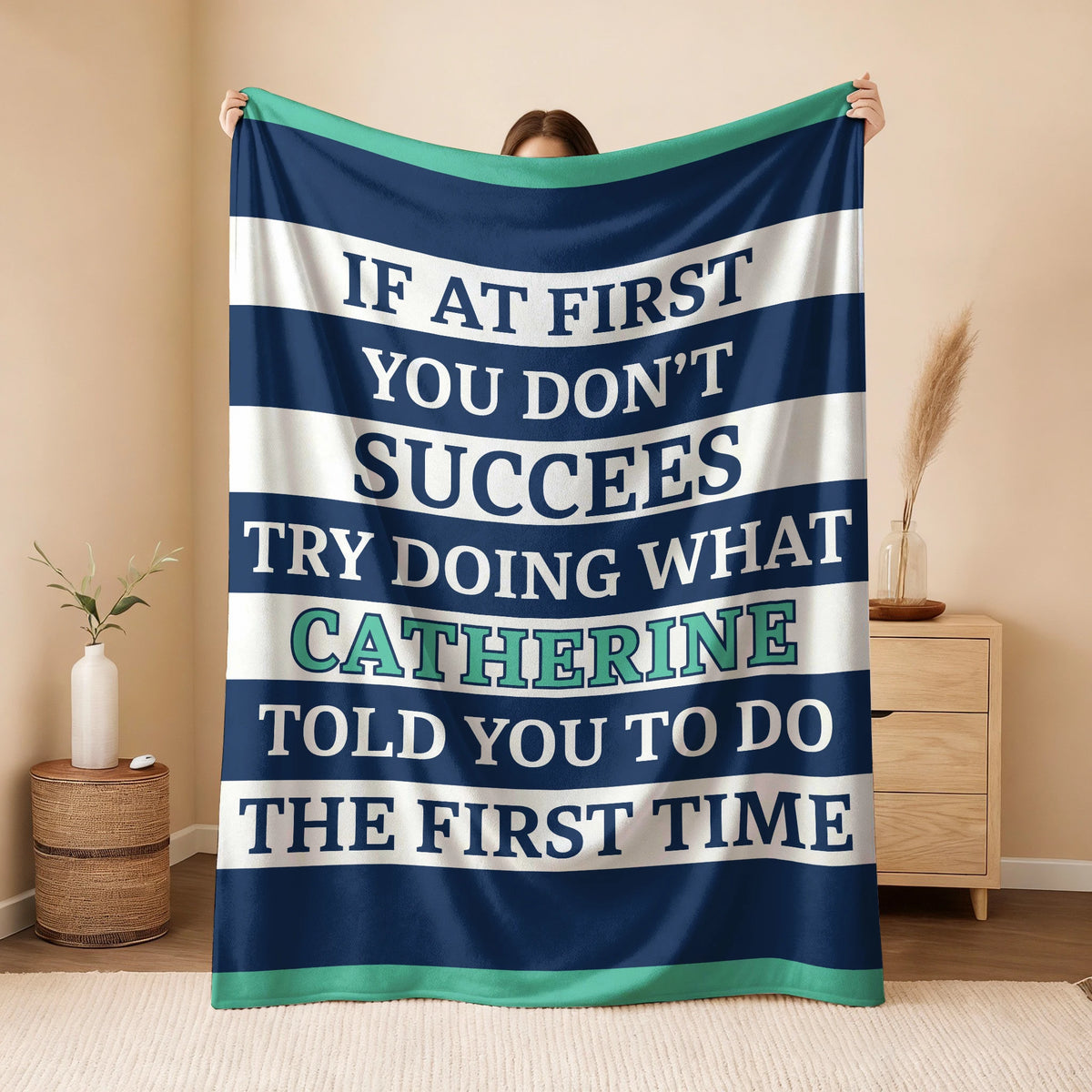 If At First You Don't Succeed Blue & White Striped Fleece Blanket CATHERINE 13K1 BK55