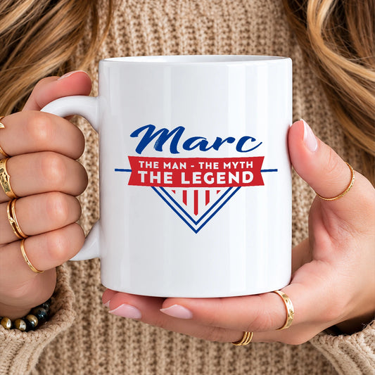 The Man The Myth The Legend Red And Blue Logo Mug MARC 13K1 MG34
