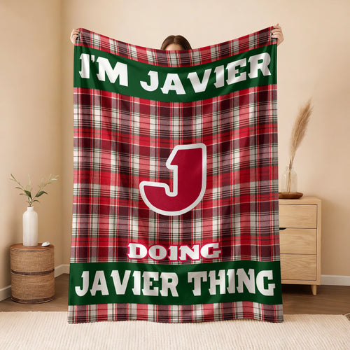 I'm Name Doing Name Things Red Plaid Fleece Blanket JAVIER 13K1 BK49