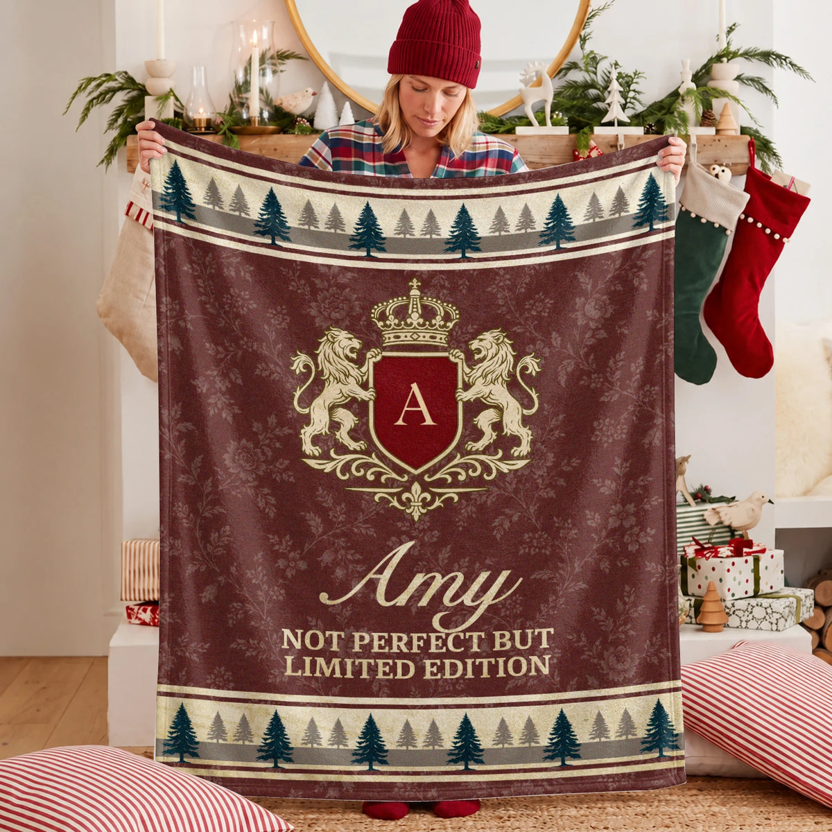 Not Perfect But Limited Edition Burgundy Pine Tree Fleece Blanket AMY 13K1 BK41
