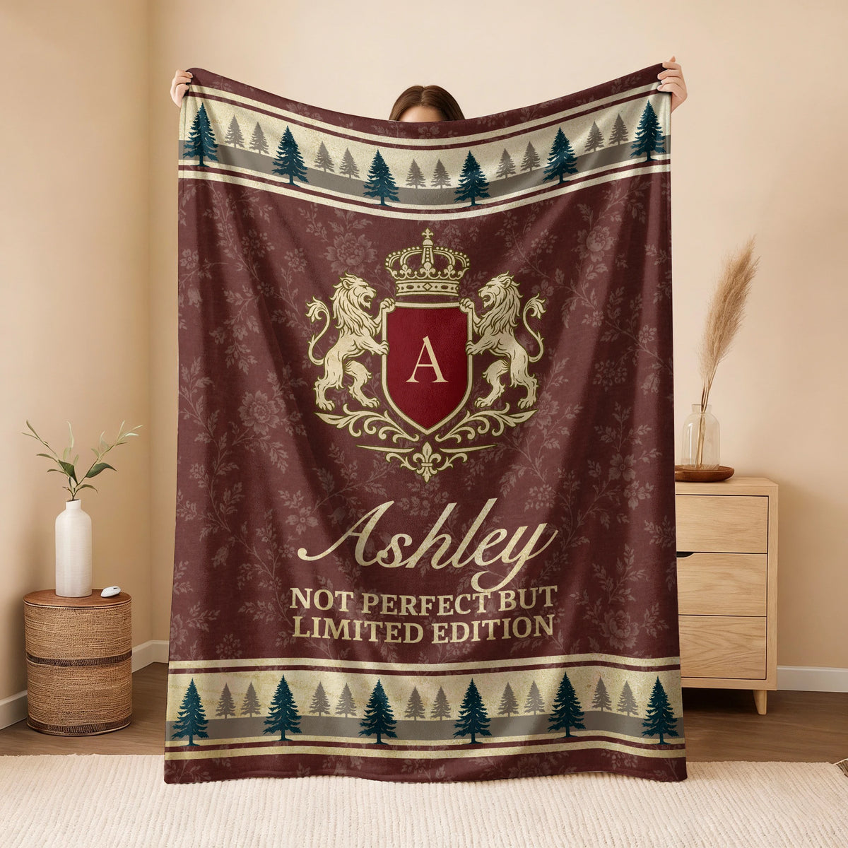Not Perfect But Limited Edition Burgundy Pine Tree Fleece Blanket ASHLEY 13K1 BK41