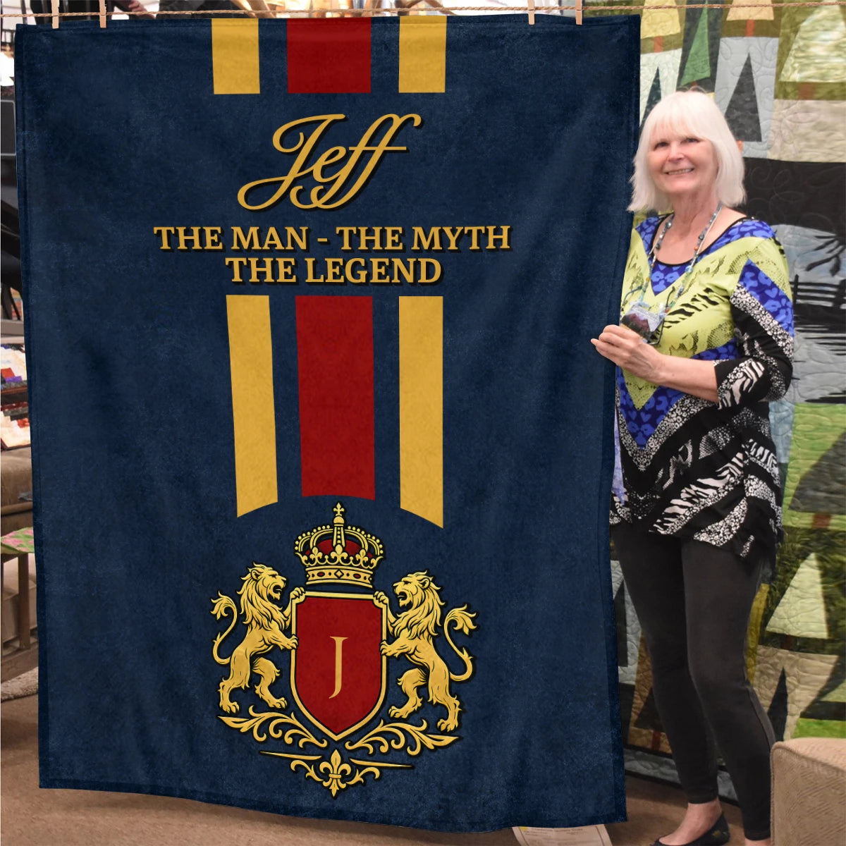 The Man The Myth The Legend Navy Striped Fleece Blanket JEFF 13K1 BK16