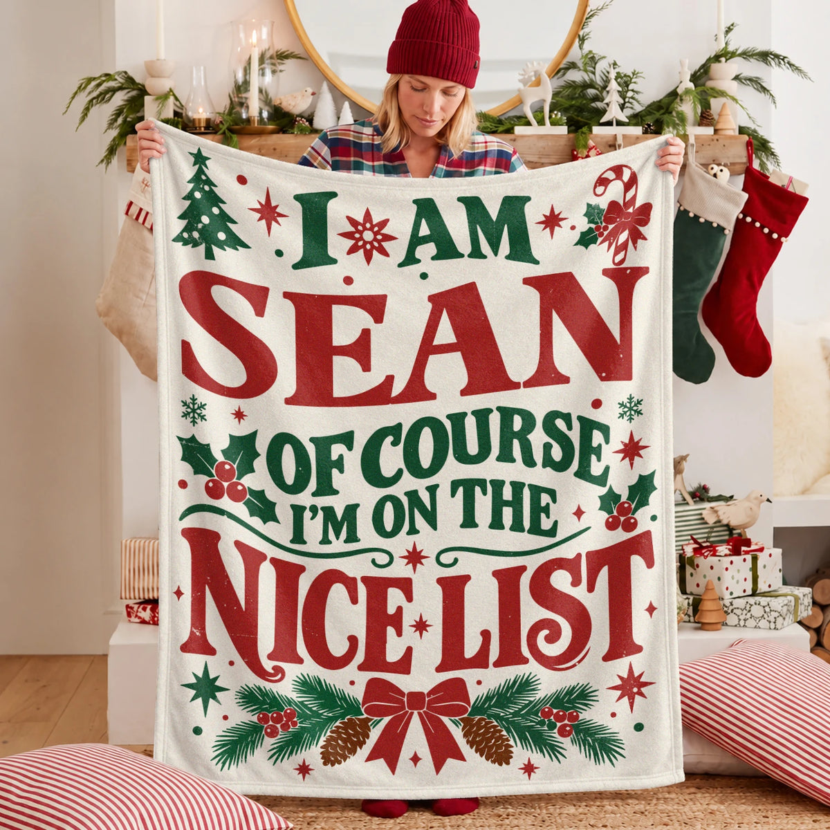 I'm Name Of Course I'm On The Nice List Cream Christmas Fleece Blanket SEAN 13K1 BK59