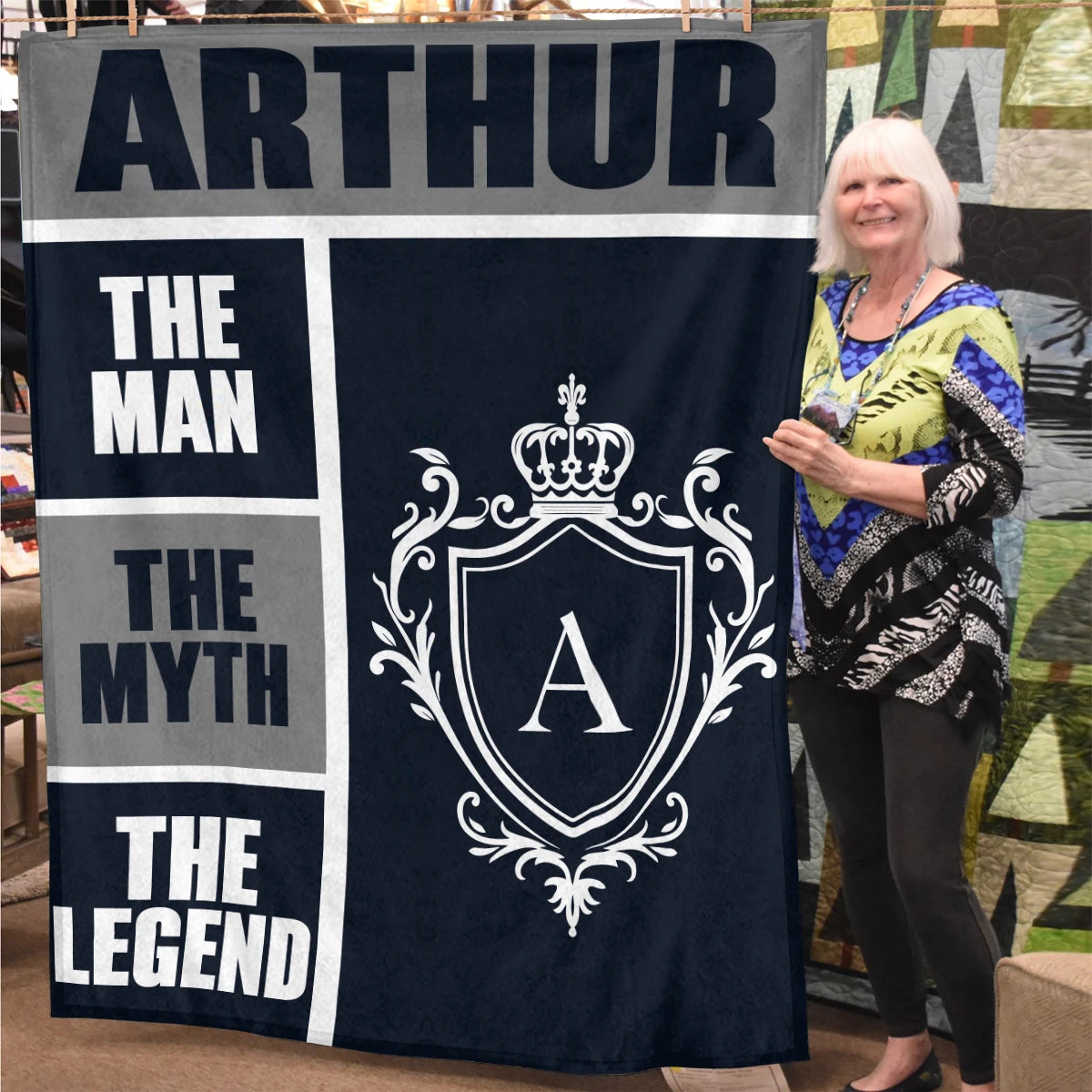 The Man The Myth The Legend Navy Gray & Gold Fleece Blanket  ARTHUR 13K1 BK09