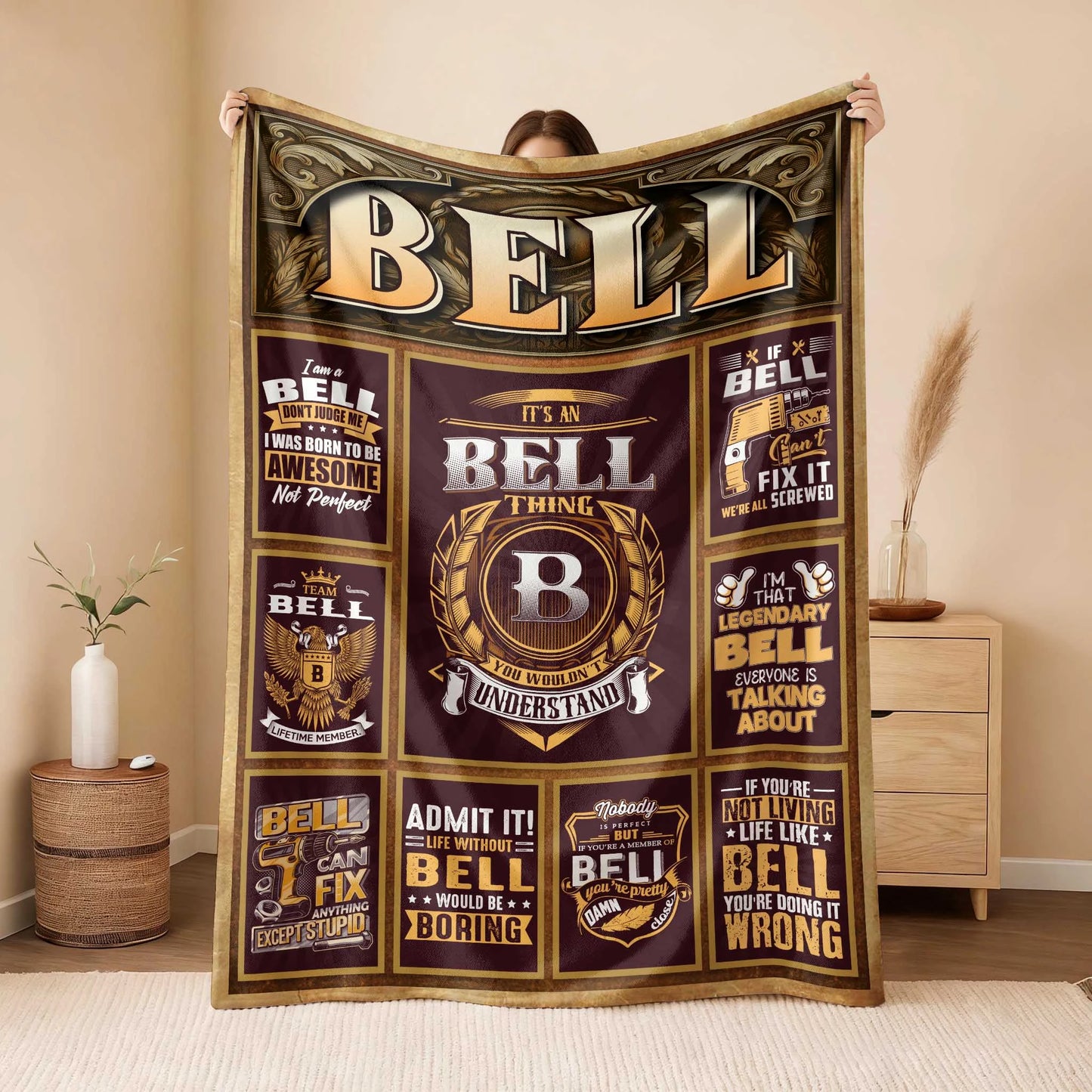 BELL Personalized Blanket | Custom Name Cozy Throw Gift 13K1-BK4