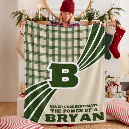 Never Underestimate Your Name Green & Cream Plaid Fleece Blanket BRYAN 13K1 BK50