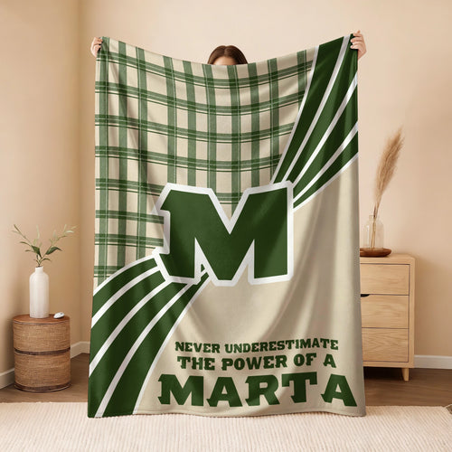 Never Underestimate Your Name Green & Cream Plaid Fleece Blanket MARTA 13K1 BK50