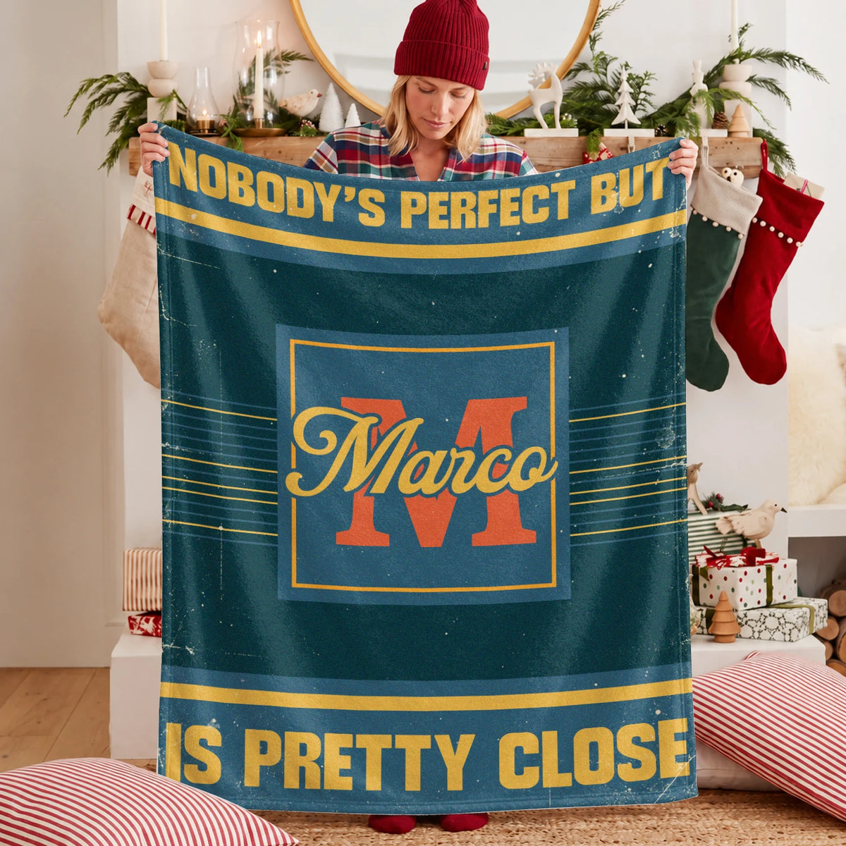 Nobody's Perfect But Your Name Is Close Vintage Blue & Brown Fleece Blanket MARCO 13K1 BK54