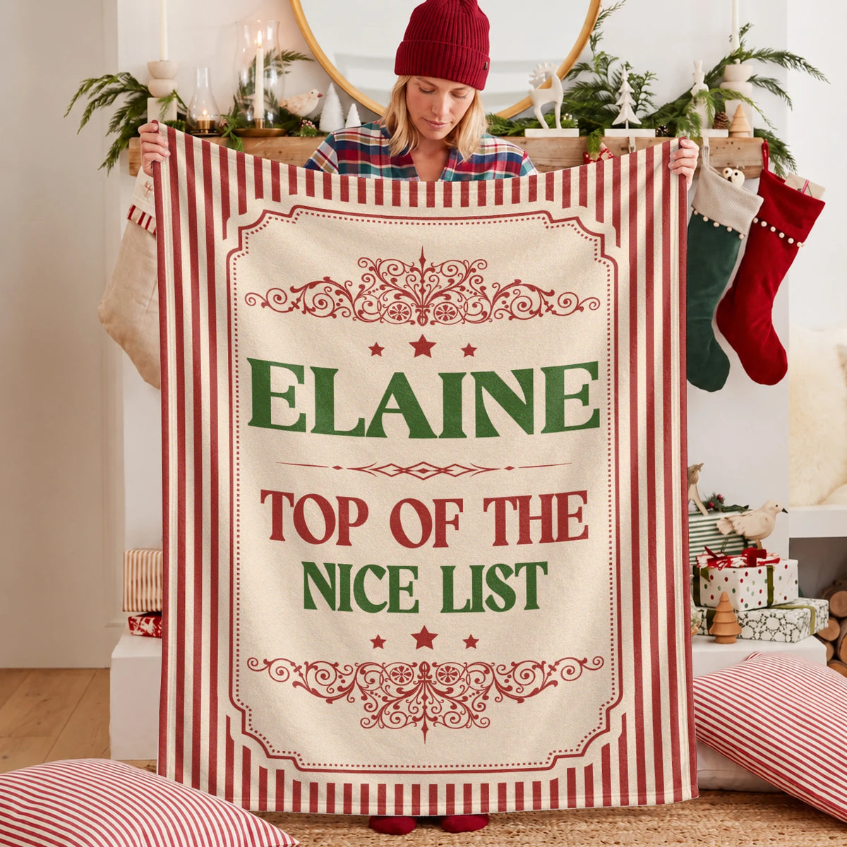 Your Name Nice List Red Striped Christmas Fleece Blanket ELAINE 13K1 BK60