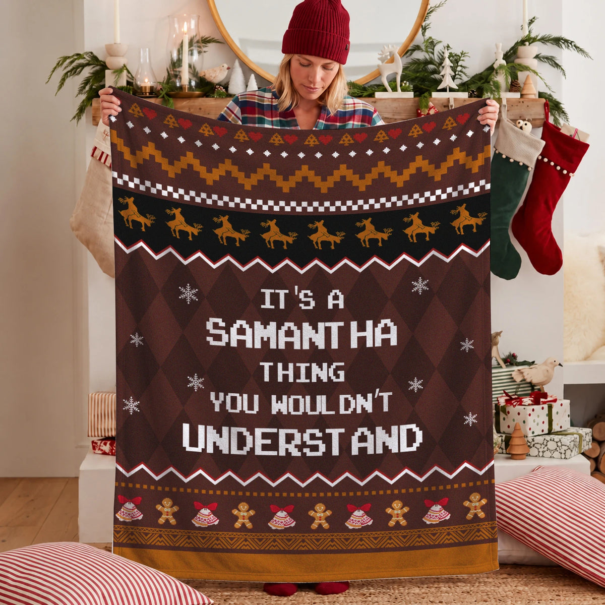 Your Name Thing Funny Deer Brown Christmas Fleece Blanket SAMANTHA 13K1 BK27