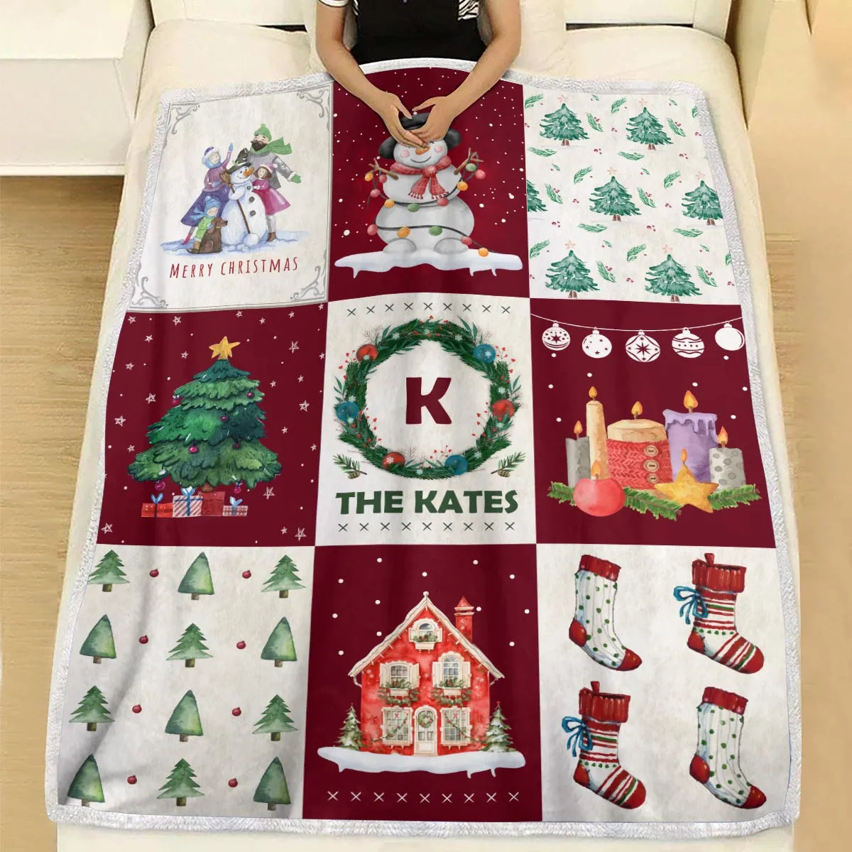 KATE Christmas Blanket – Personalized Family Name Holiday Quilt Throw 13K1-BK1