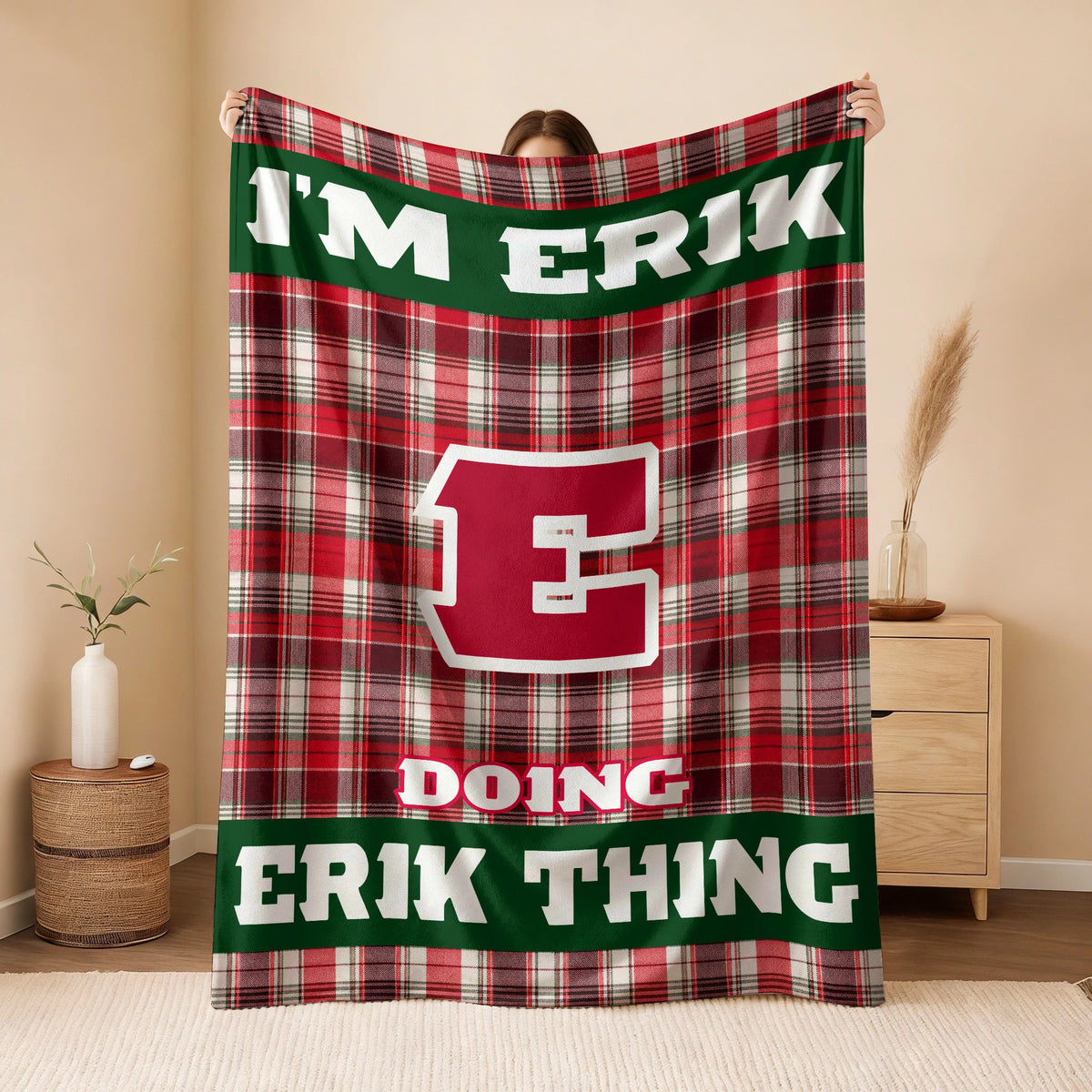 I'm Name Doing Name Things Red Plaid Fleece Blanket ERIK 13K1 BK49