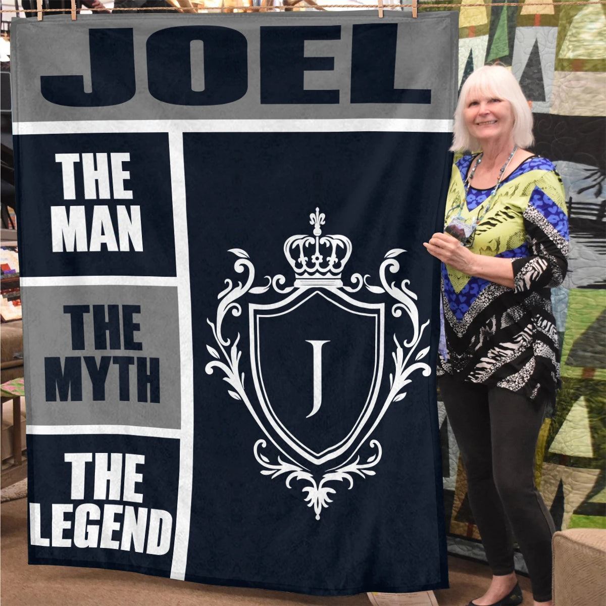 The Man The Myth The Legend Navy Gray & Gold Fleece Blanket  JOEL 13K1 BK09