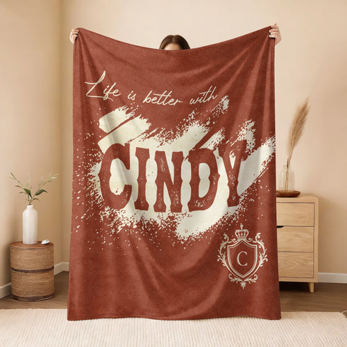 Life Is Better With Your Name Terracotta Cream Fleece Blanket CINDY 13K1 BK30