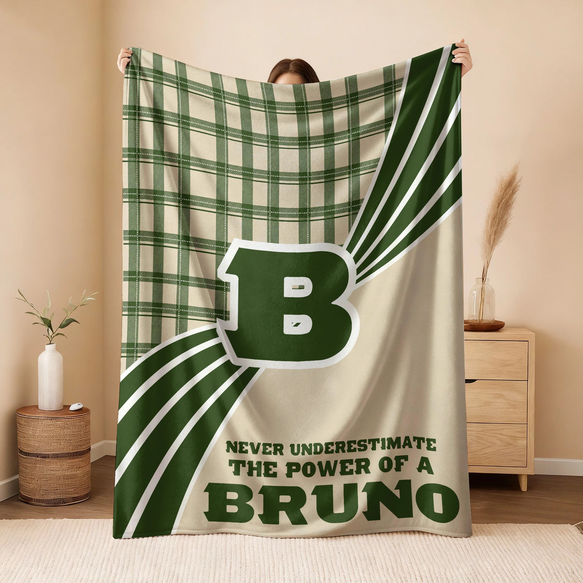Never Underestimate Your Name Green & Cream Plaid Fleece Blanket BRUNO 13K1 BK50
