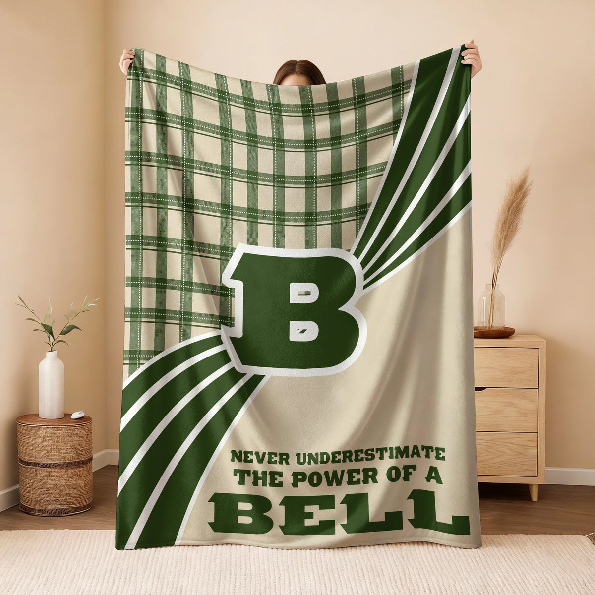 Never Underestimate Your Name Green & Cream Plaid Fleece Blanket BELL 13K1 BK50