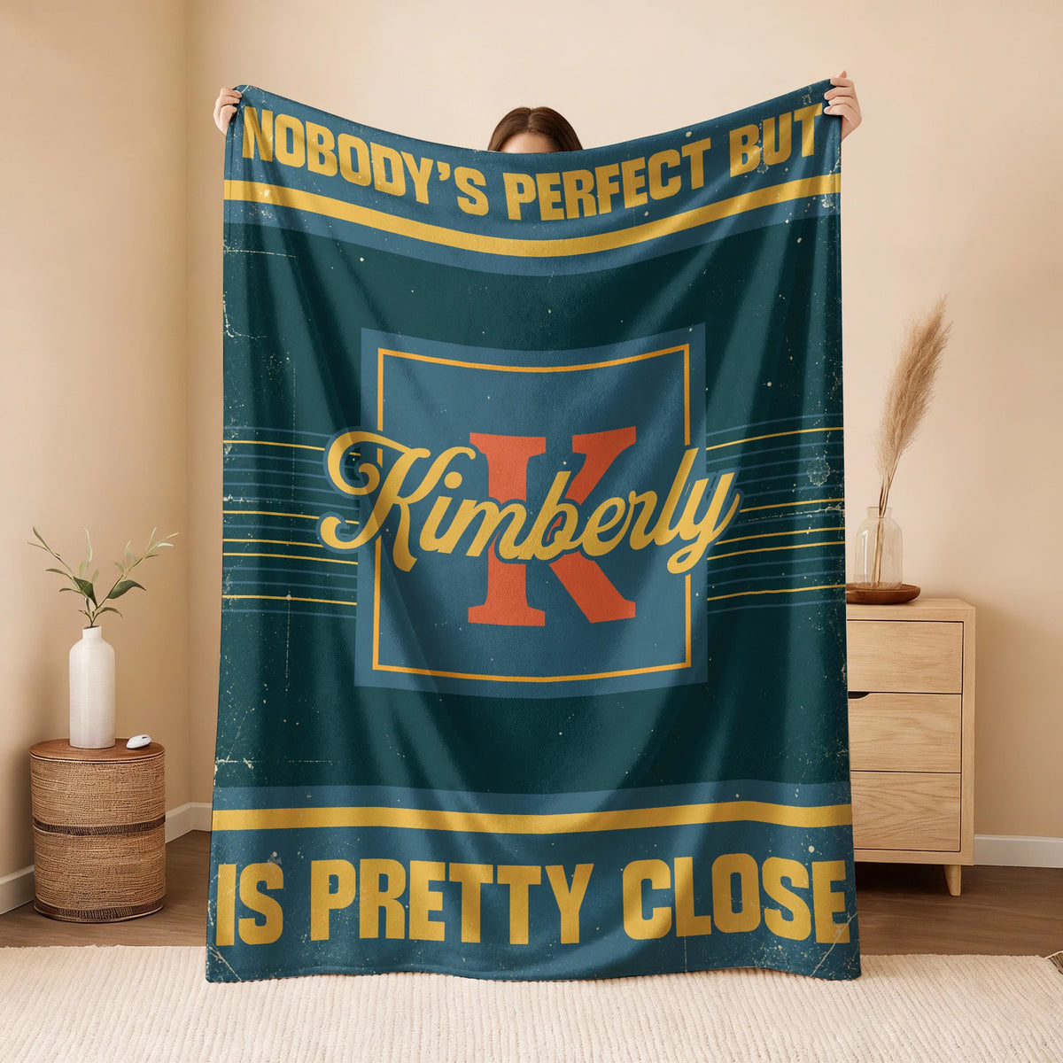 Nobody's Perfect But Your Name Is Close Vintage Blue & Brown Fleece Blanket KIMBERLY 13K1 BK54