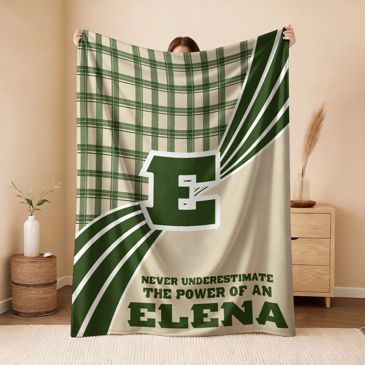 Never Underestimate Your Name Green & Cream Plaid Fleece Blanket ELENA 13K1 BK50