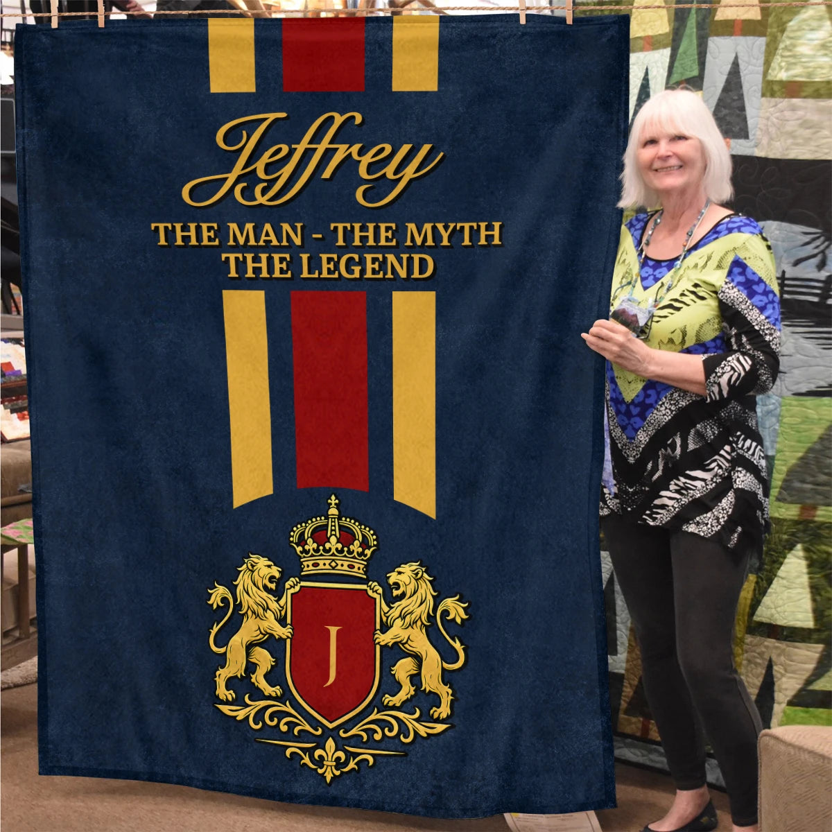 The Man The Myth The Legend Navy Striped Fleece Blanket JEFFREY 13K1 BK16