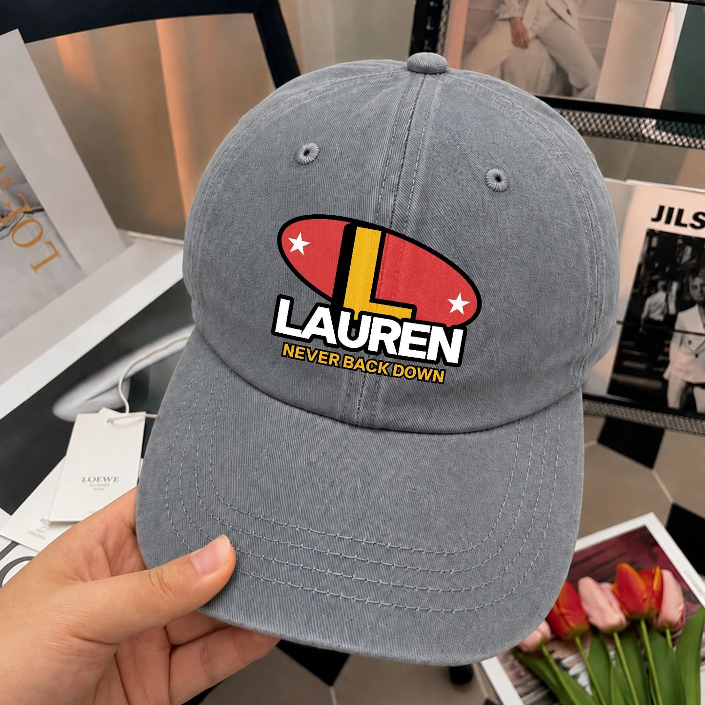 Never Back Down With Your Name And Initial Letter Washed Cap LAUREN 13K1 C82PF