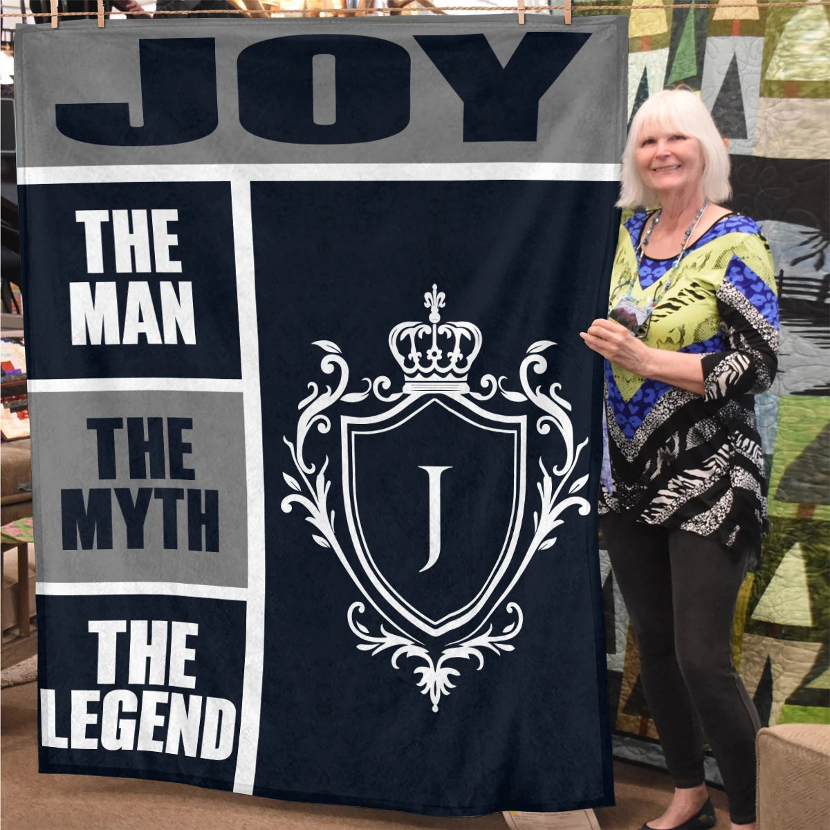The Man The Myth The Legend Navy Gray & Gold Fleece Blanket  JOY 13K1 BK09