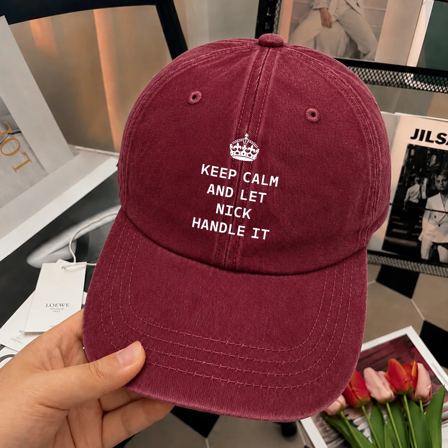 Keep Calm & Let Your Name Handle It Royal Burgundy Washed Cap NICK 13K1 C106PF