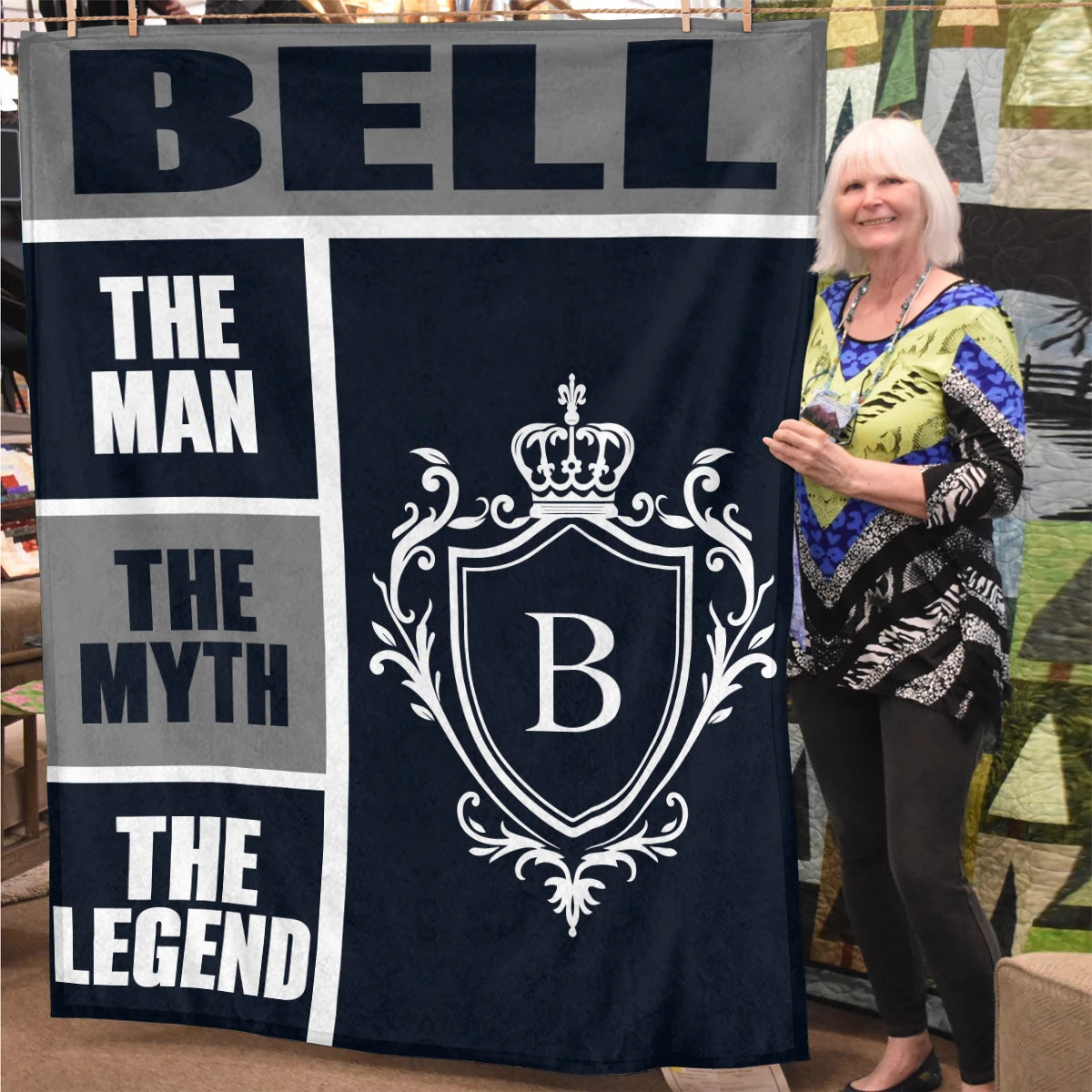 The Man The Myth The Legend Navy Gray & Gold Fleece Blanket  BELL 13K1 BK09