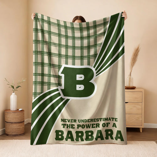 Never Underestimate Your Name Green & Cream Plaid Fleece Blanket BARBARA 13K1 BK50