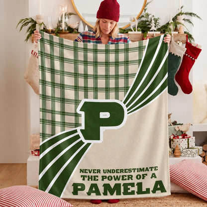 Never Underestimate Your Name Green & Cream Plaid Fleece Blanket PAMELA 13K1 BK50
