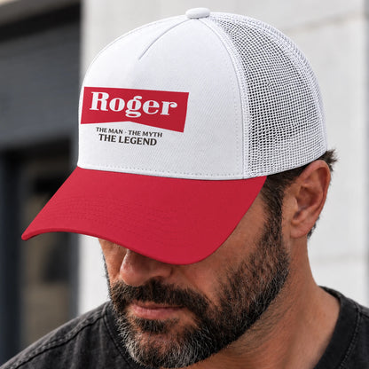 The Man The Myth The Legend Red And White Mesh Cap ROGER 13K1 C197PF