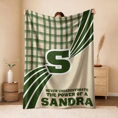 Never Underestimate Your Name Green & Cream Plaid Fleece Blanket SANDRA 13K1 BK50
