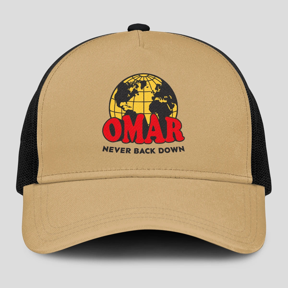 Never Back Down World Logo Khaki Mesh Cap OMAR 13K1 C212PF