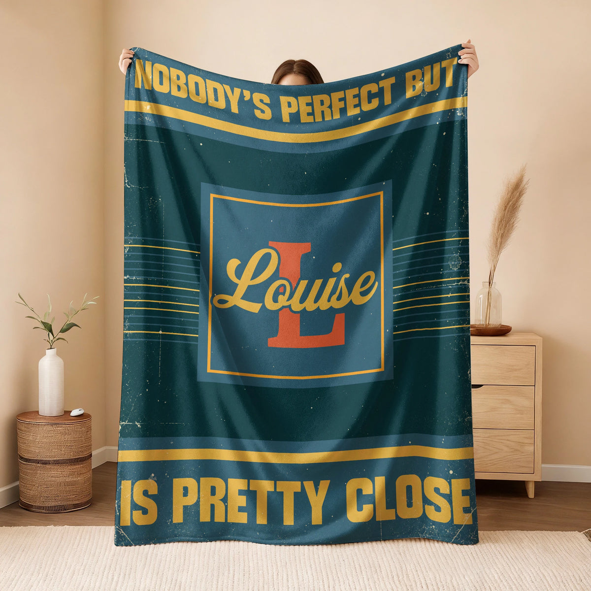 Nobody's Perfect But Your Name Is Close Vintage Blue & Brown Fleece Blanket LOUISE 13K1 BK54