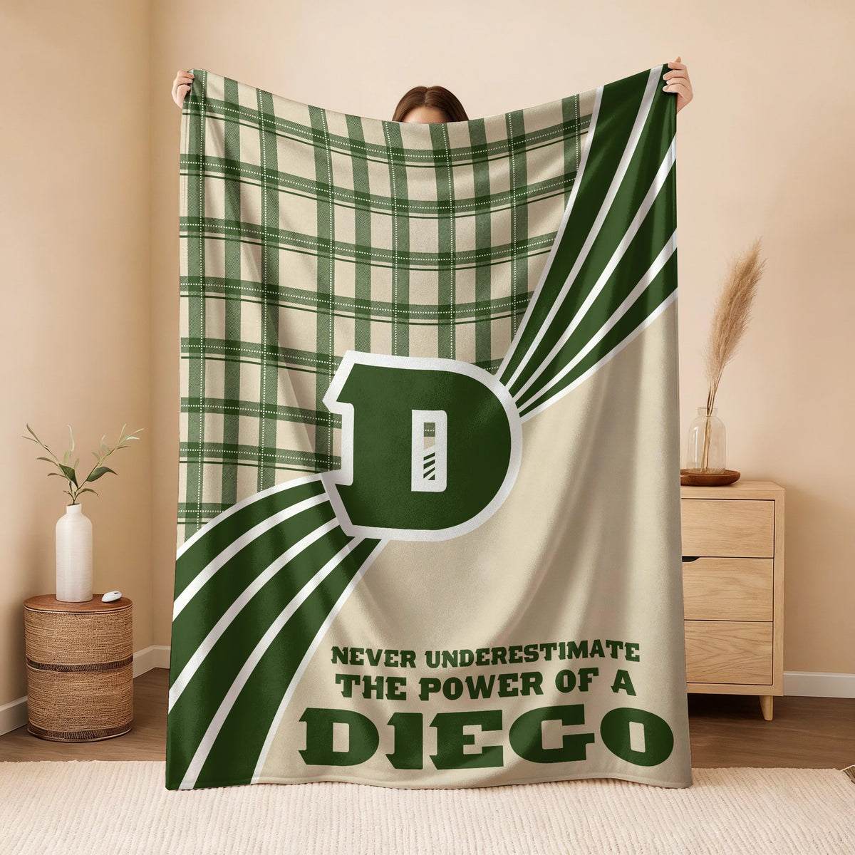 Never Underestimate Your Name Green & Cream Plaid Fleece Blanket DIEGO 13K1 BK50