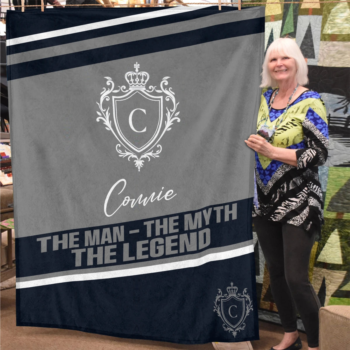 The Man The Myth The Legend Navy Gray Fleece Blanket CONNIE 13K1 BK13