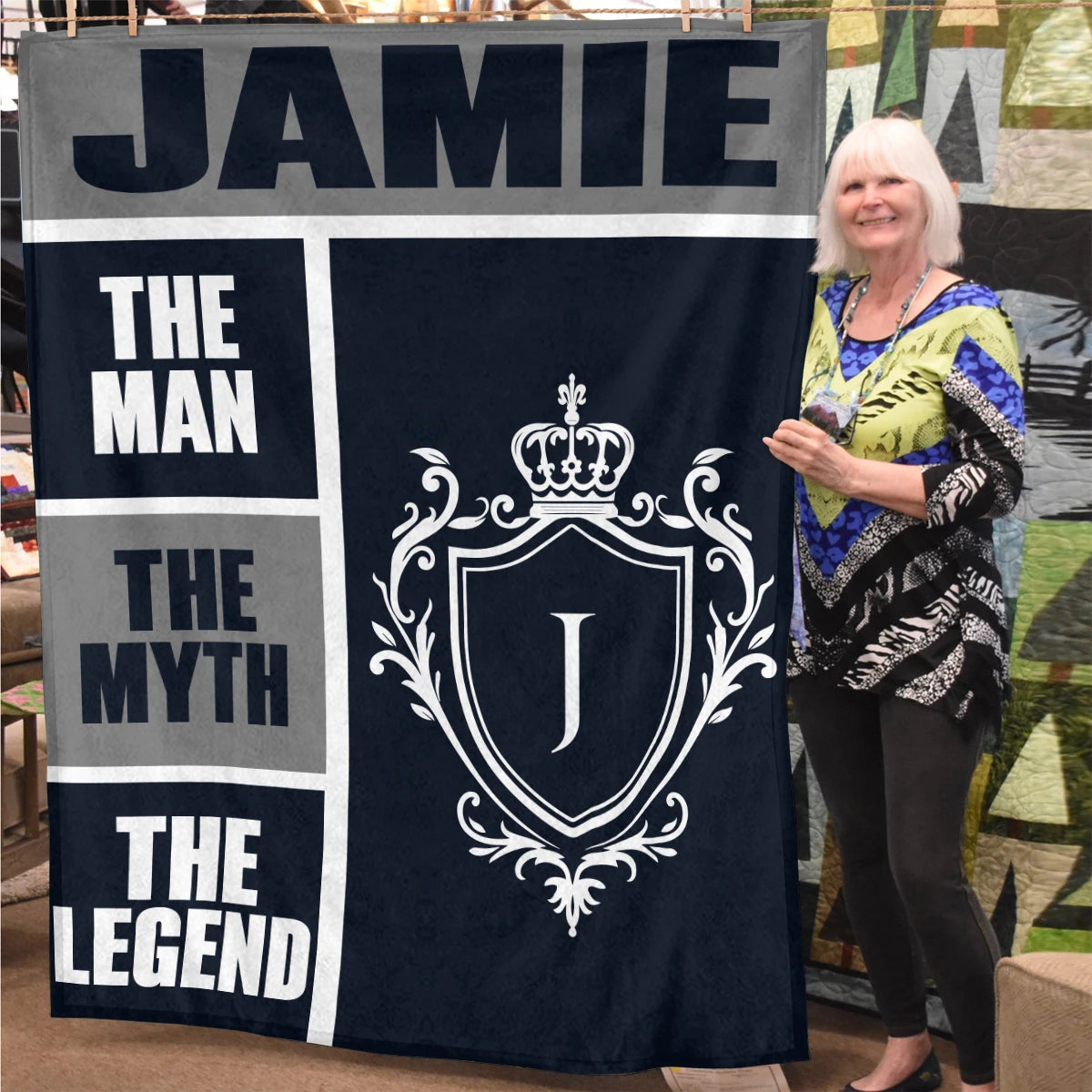 The Man The Myth The Legend Navy Gray & Gold Fleece Blanket  JAMIE 13K1 BK09